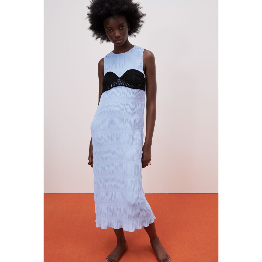 Blue Zara Pleated Crochet Long Sleeveless Dress (NWT)